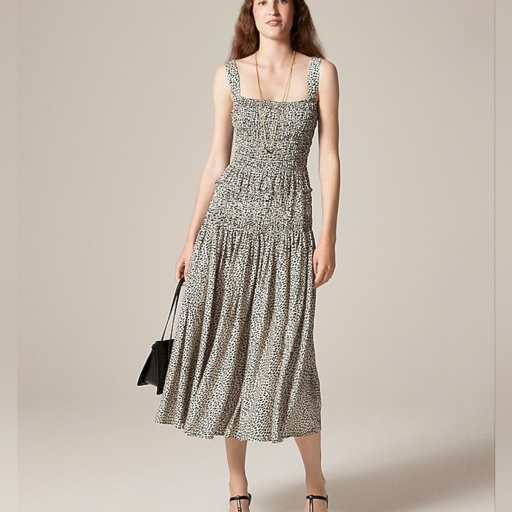 Jcrew Smocked Midi Dress Viscose In Spot Print Animal Spots Cream Black.